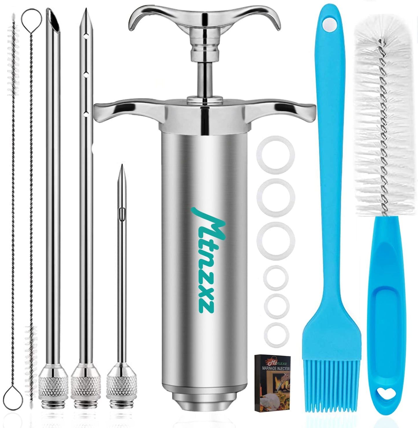 Marinade Injector Syringe Kit & Brush Set, Stainless Steel Meat Injector with 3 Professional Needles, 2-oz Large Capacity, Creates Tender Meat & Poultry Flavor, for BBQ Grill Smoker & Turkey & Brisket