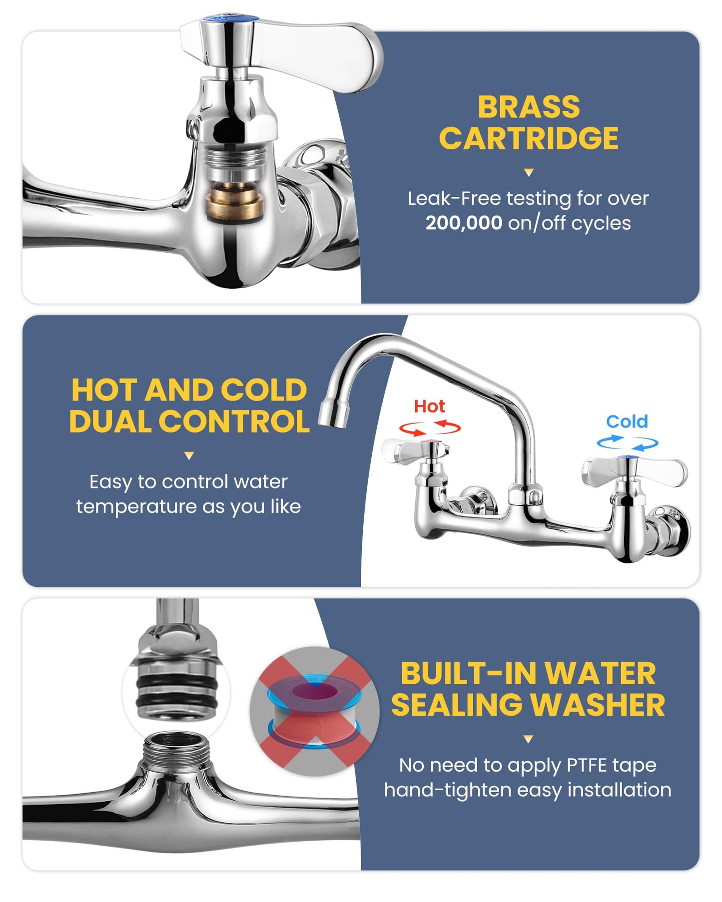 iVIGA Commercial Sink Faucet with 8” Swivel Spout, 8" Center Wall Mount Kitchen Faucet, Dual Handles Brass Utility Sink Faucet for Laundry Room Restaurant Compartment Sink, Polish Chrome