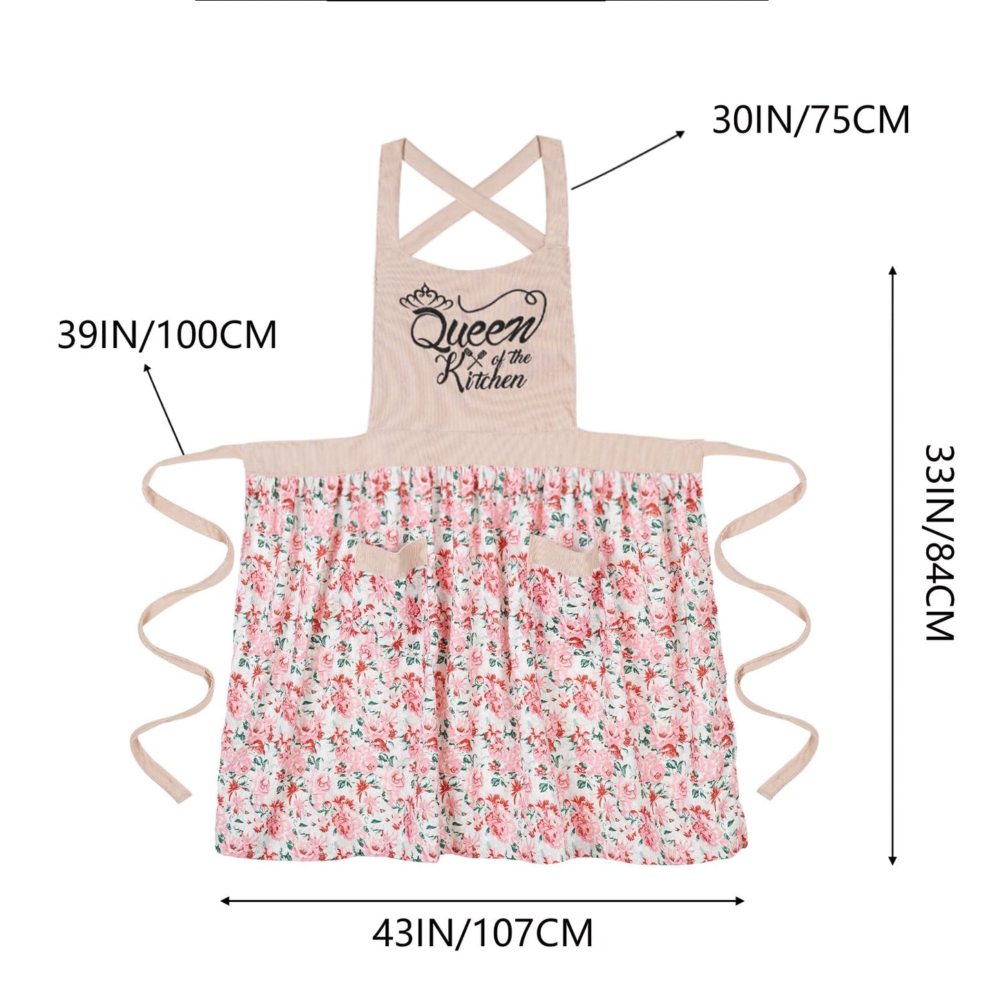 HYVOROS Cute Floral Aprons for Women with Pockets，Cotton Adjustable Neck Strap Apron for Kitchen Cooking Baking Gardening (Pink, Medium)