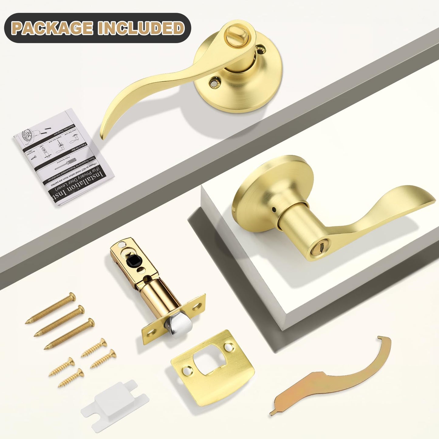 GOBEKOR Gold Door Handle Wave Privacy Door Lever Brushed Gold Door Handles Interior with Lock for Bedroom Bathroom Reversilble for Left/Right-Handed Doors, Satin Brass(10 Pack)