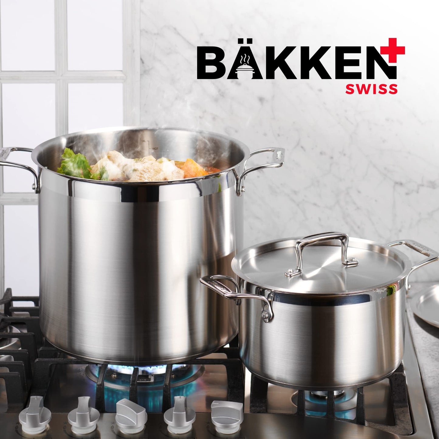 Stainless Steel Stockpot with Lid 20 Quart, Durable 18/8 Stainless Steel, Impact-Bonded Base for Even Heating, Riveted Handles, Oven & All Stove Compatible, Safe Up To 500°F (260°C)