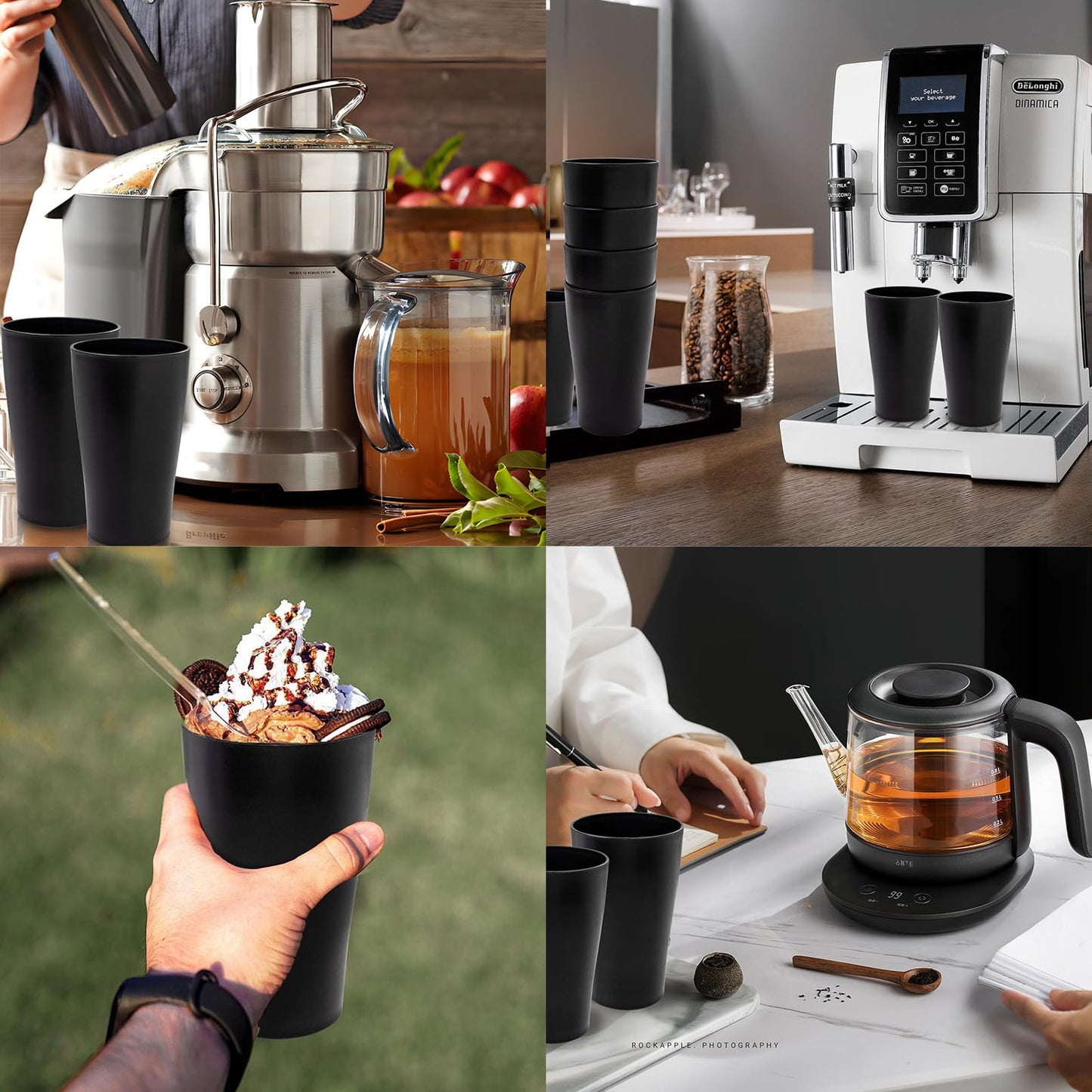 EI Black Wheat Straw Cups Set of 8,Drinking Glasses,Reusable Plastic Cups,Unbreakable Cups for Kitchen,Dishwasher Safe Water Glasses Tumblers,Suitable for Dinner on Picnic Outdoor Activities Dormitory