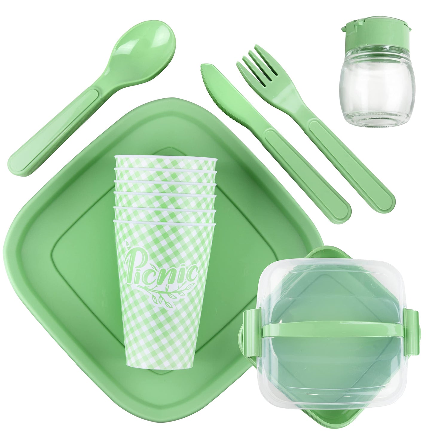 Tribello Camping Picnic Dishes Set with Case, 32 Plastic Reusable Cutlery - BPA Free, Microwave / Dishwasher Safe
