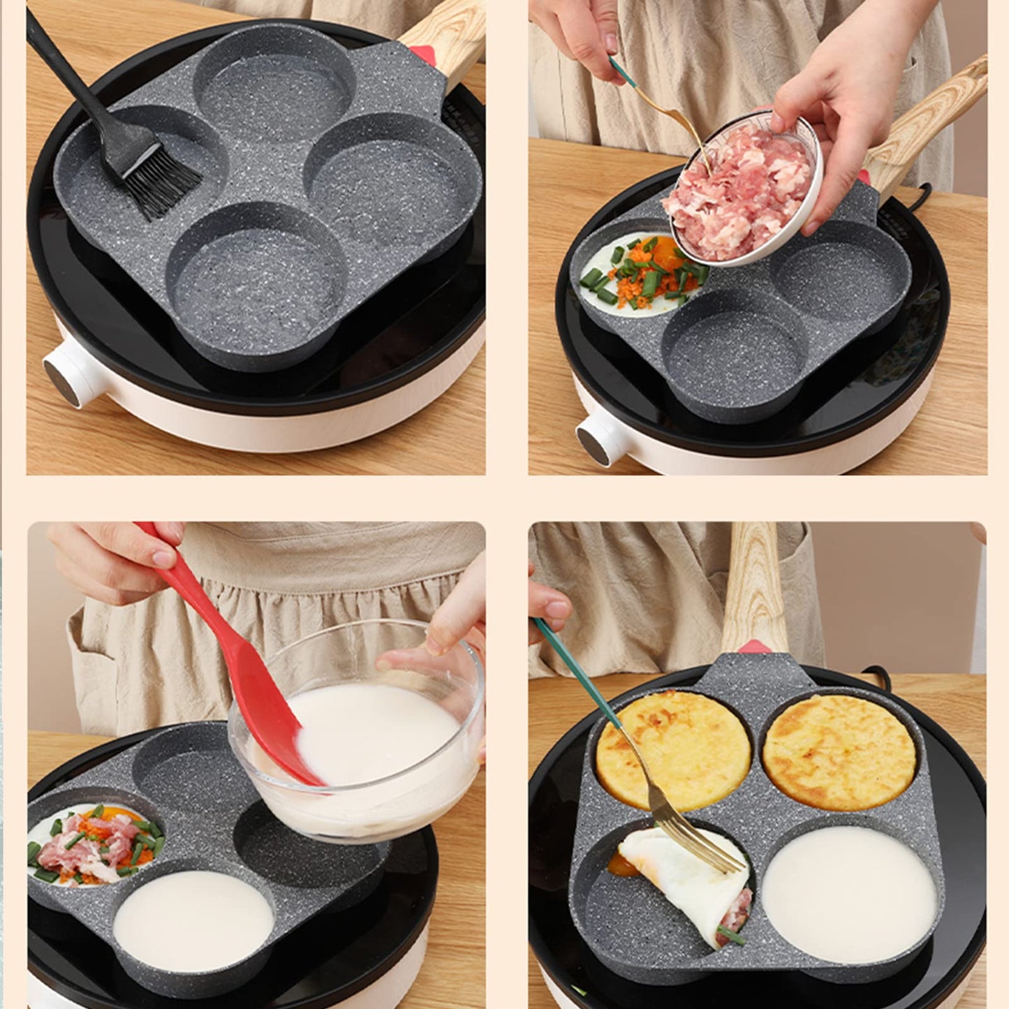 MIHUNTER Fried Egg Pan, Egg Frying Pan with Lid Nonstick 4 Cups Pancake Pan Aluminium Alloy Cooker for Breakfast(White)