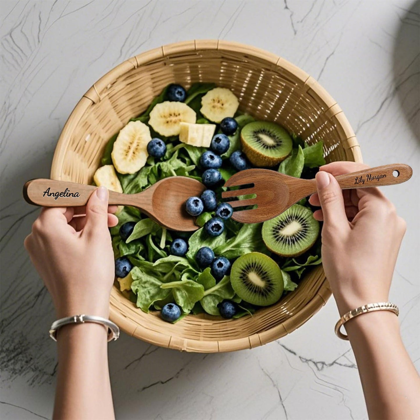 Personalized Salad Tongs for Serving Wooden Salad Servers with Name 10in Wood Spoons and Forks Set Salad Serving Utensils for Kitchen Mixing Tossing Cooking
