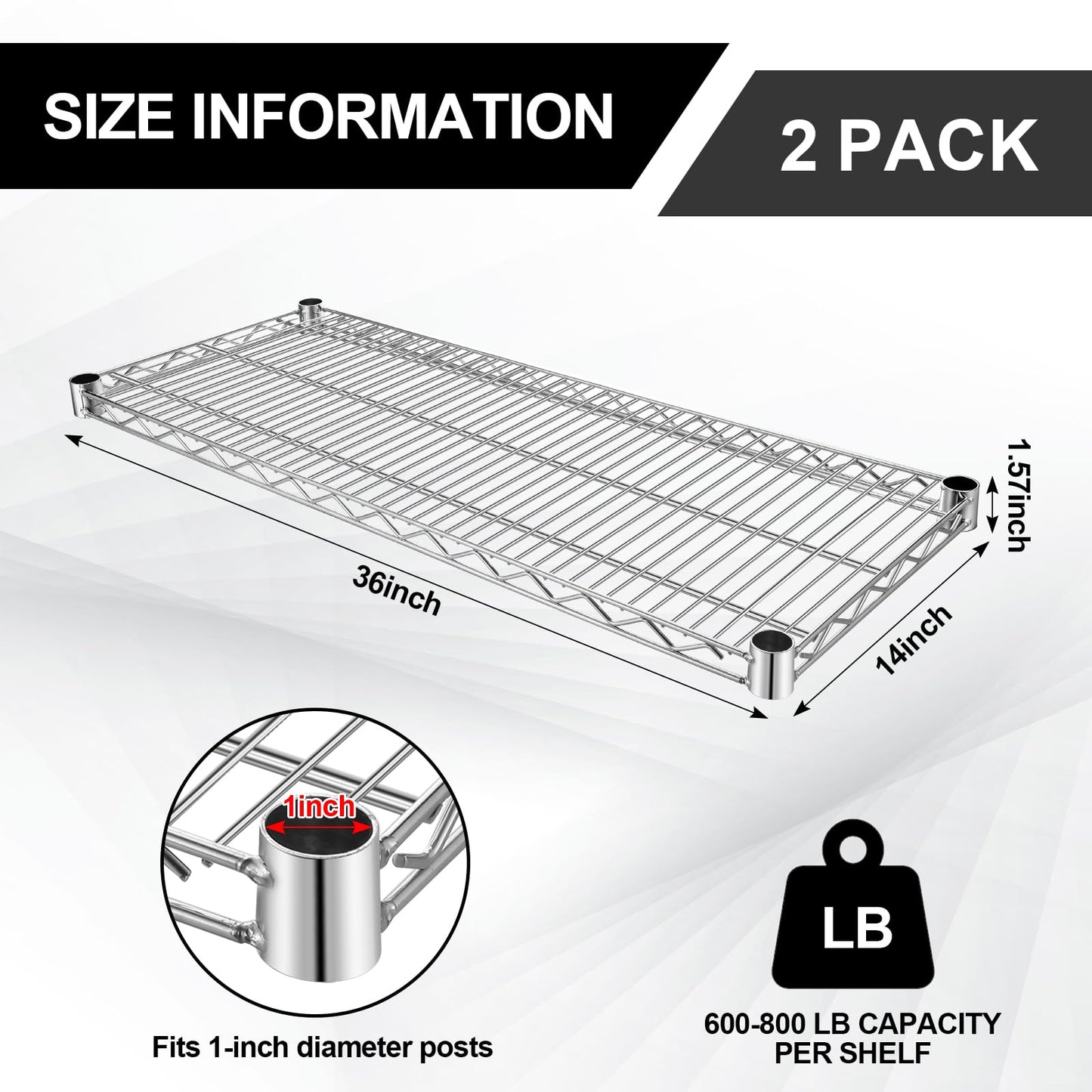 MorningRo 2 Pack Additional Wire Shelf for Wire Shelving Units Chrome Finish Shelving Weight Capacity 600-800 Lb, Heavy Steel Industrial for Warehouses, Closets, Kitchen(Sliver,14" W X 36" L)