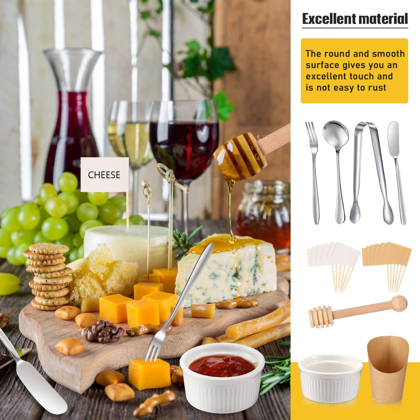 52 Pcs Charcuterie Board Accessories Utensils for Charcuterie Board Wedding Cheese Butter Spreader Knives Set Charcuterie Bowls Serving Tongs Spoon Fork Honey Dipper Toothpick Flag French Fries Holder