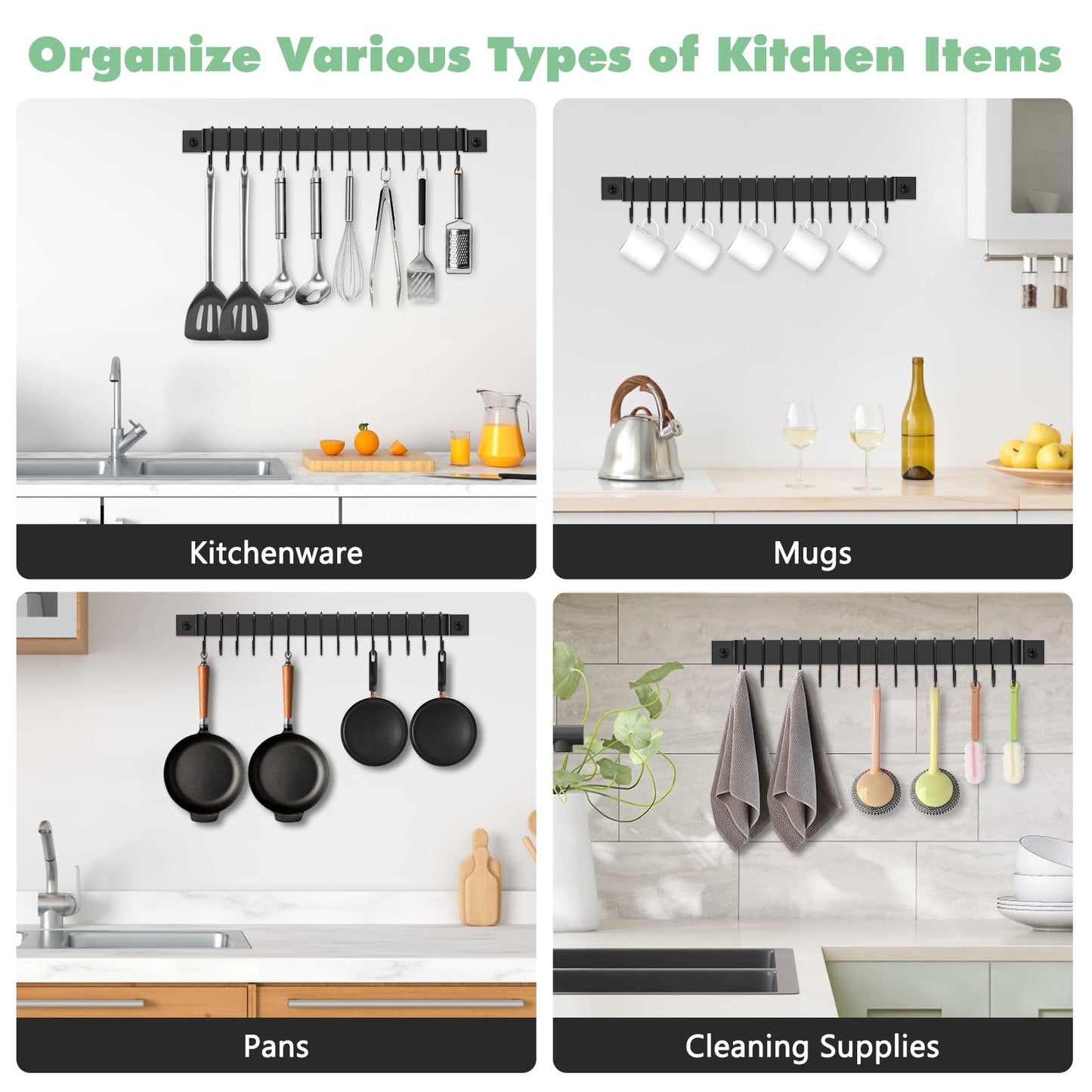 Housolution Kitchen Rail with 15 Hooks, 16 Inch Wall Mounted Hanging Utensil Rack Kitchen Utensil Hanger for Kitchen, 1 Pack, Black