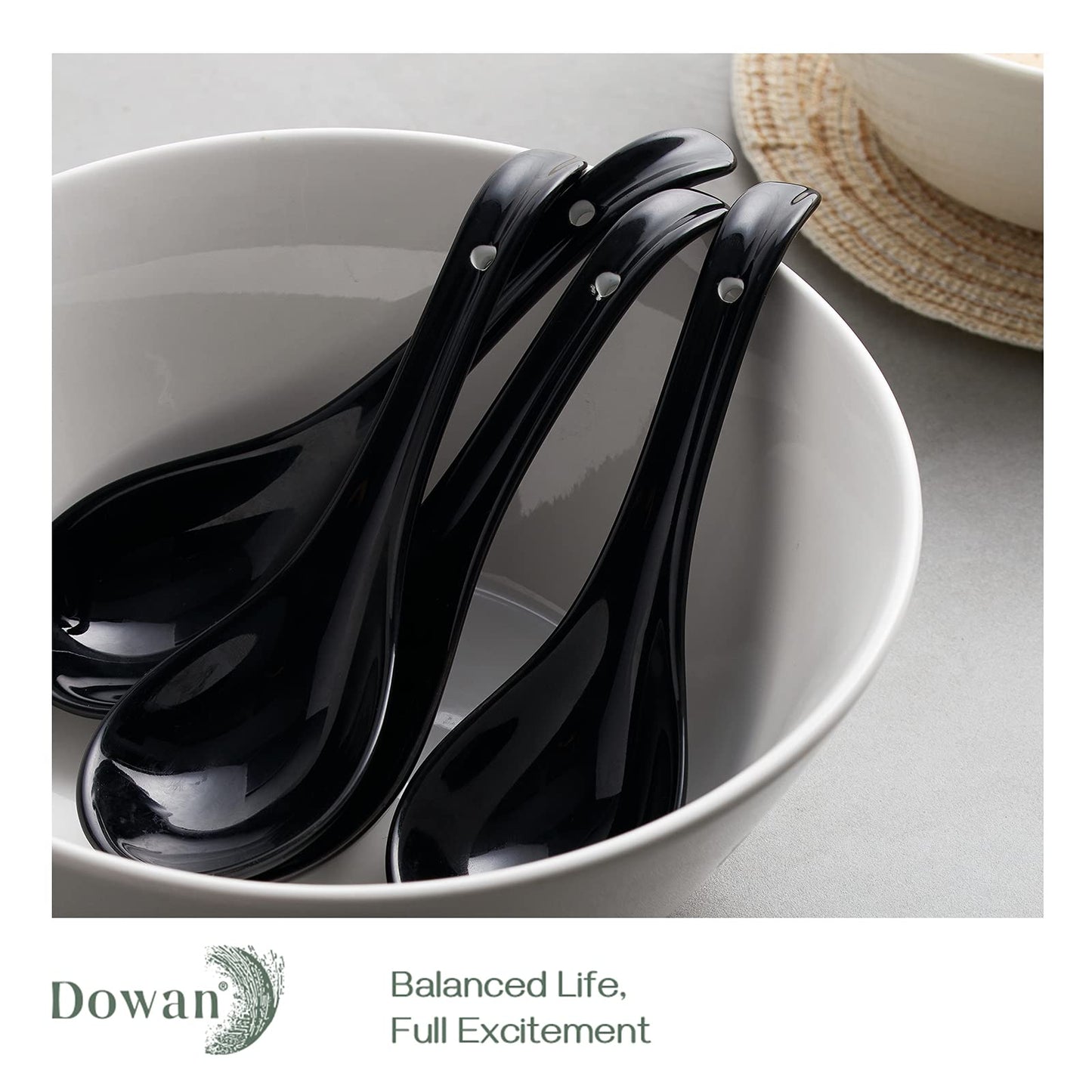 DOWAN Soup Spoons, Ceramic Chinese, Asian Soup Spoons, White Japanese Spoon Large for Ramen Pho Wonton Dumpling Miso, Deep Oval Hook Design, Set of 6 (6, Black)