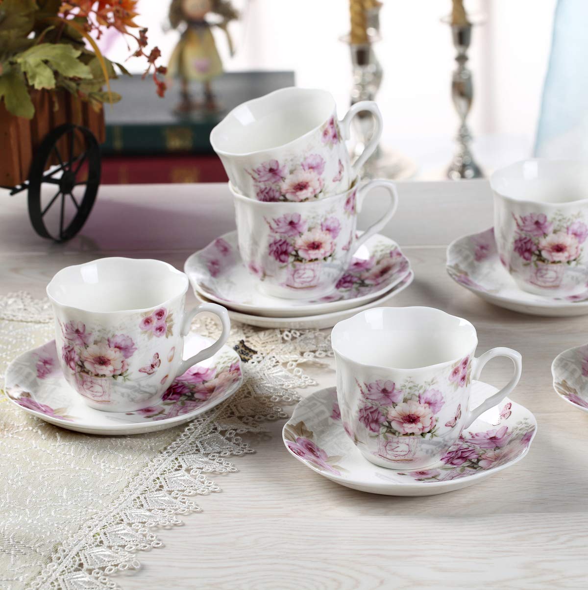 GuangYang 7 oz Porcelain Tea Cups and Saucers set of 6,Purple Fancy Floral Pattern (Perfect for Cappuccino, Flat white Coffee, Americano, Hot Tea, or Desserts)