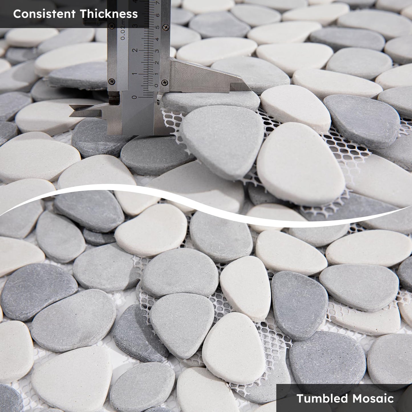 Diflart Pebble Tile for Shower Floor, Gray and White Oval, 5 Sheets, Pebble Backsplash for Kitchen Bathroom Wall and Floor Tile