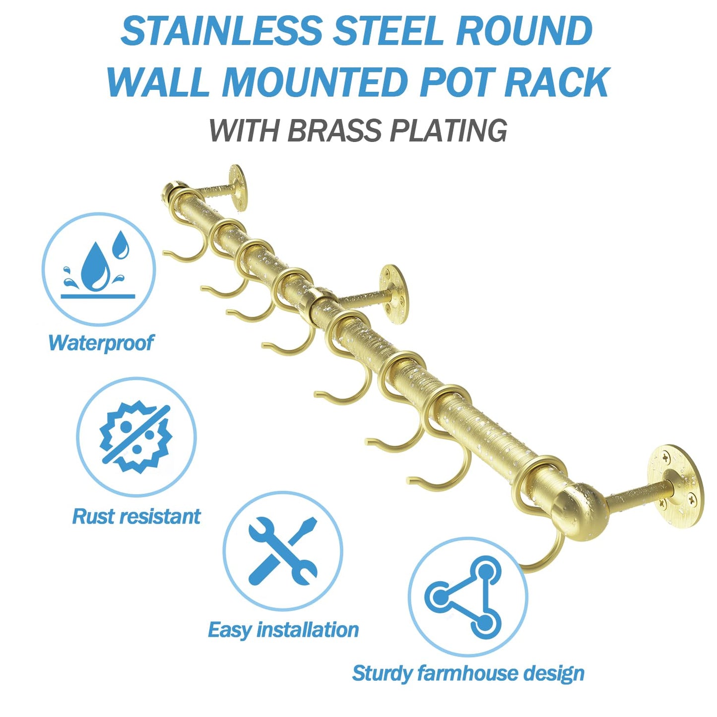 ROTHLEY Stainless Steel Pot and Pan Hanger - 39.4 Inch Wall Mounted Hanging Pots and Pans Rack for Kitchen Wall Rail with Hooks (Brass)