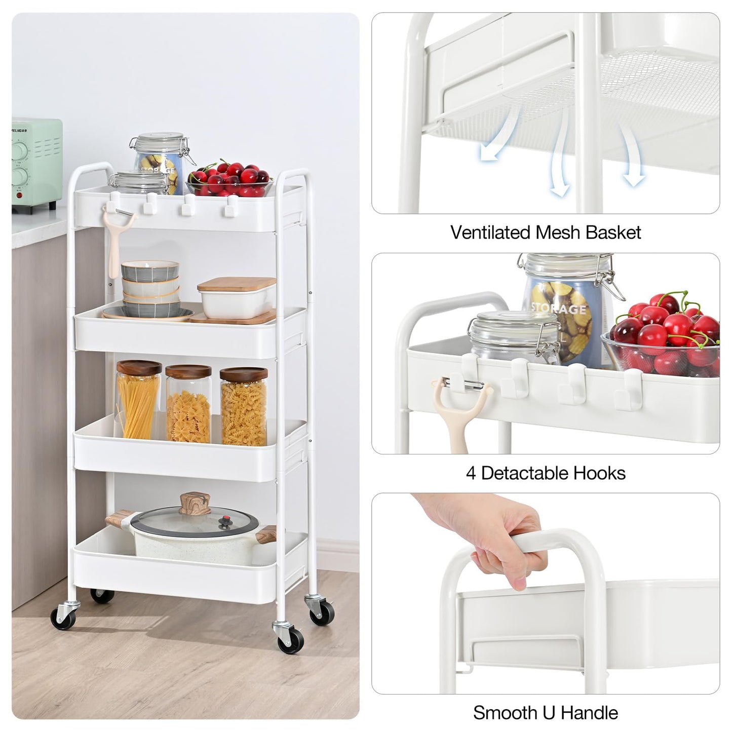 TOOLF 4-Tier Rolling Cart - Metal Storage Organizer with Lockable Wheels, 44 lbs Per Shelf Capacity, Tool-Free Assembly, for Kitchen Bathroom Office Laundry Room Nursery, White