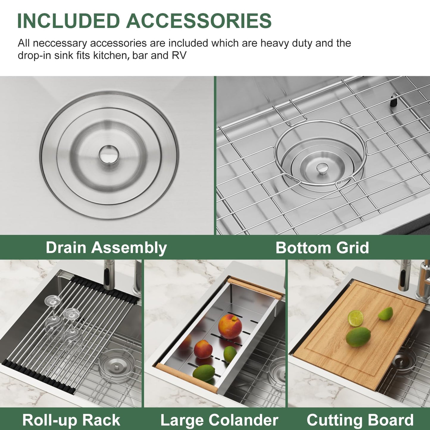 33x22 Drop In Kitchen Sink Workstation - Couoko 33 Inch 16 Gauge T304 Stainless Steel Drop In Sink Large Deep Handmade Single Bowl Kitchen Sinks with Accessories, 33"x22"x9"