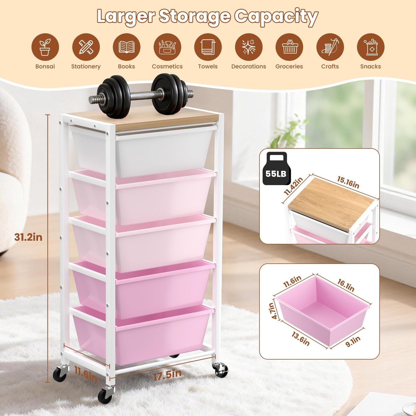 Rolling Cart with 5 Drawers, Plastic Drawer Storage Carts with Wheels & Wooden Tabletop, Metal Utility Cart for Office Bedroom Living Room Classroom, Craft Organization and Storage, Bright Pink