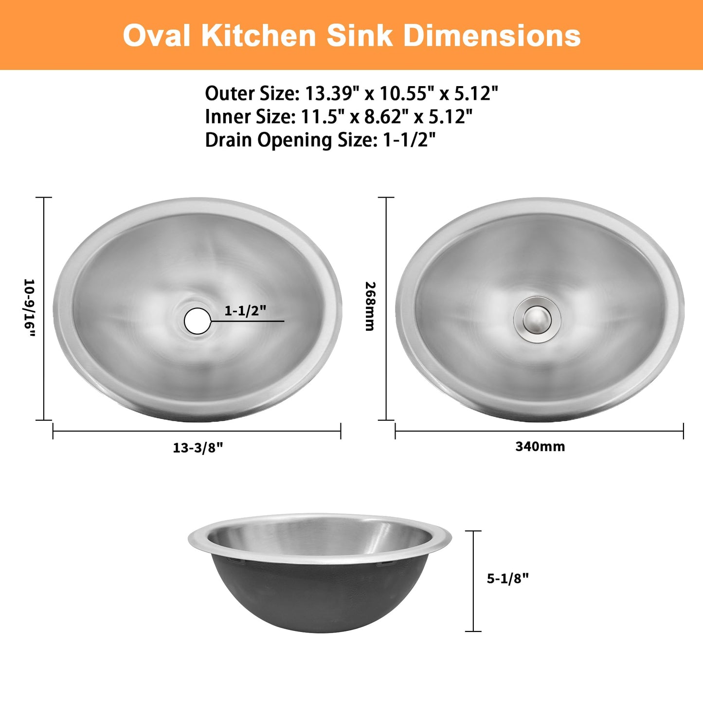 LQS Oval RV Kitchen Sink Stainless Steel, Stainless Steel Bar Sink, 13.39" x 10.63" Small Bathroom Kitchen Sink, 5.12" Depth, RV Kitchen Bar Sink with Sink Drain Assembly
