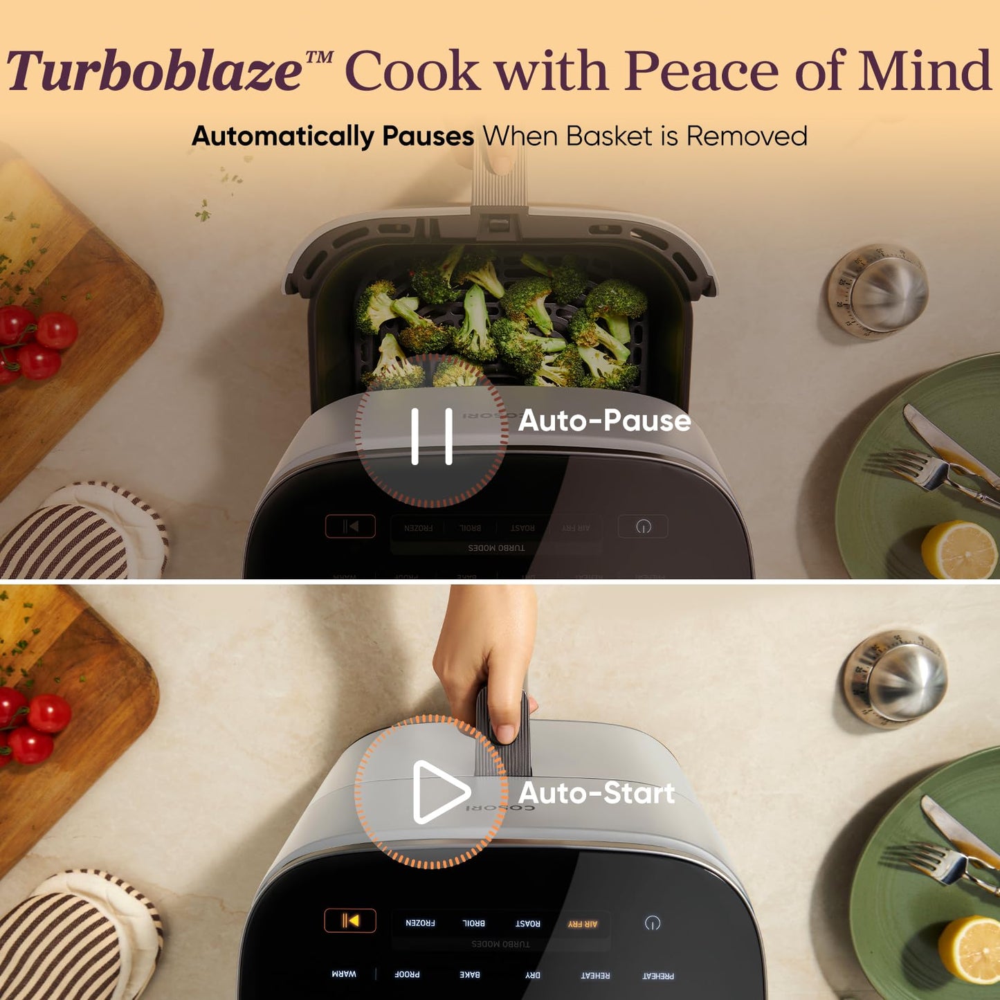 Cosori 9-in-1 TurboBlaze Air Fryer 6 Qt, Premium Ceramic Coating, 90°–450°F, Precise Heating for Even Results, Air Fry, Roast, Bake, Broil, Dry, Frozen, Proof, Reheat, Keep Warm, 120V, Light Gray