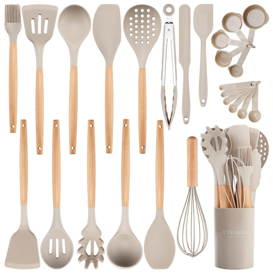 26 Pcs Silicone Cooking Utensils Set with Holder, NCUE BPA Free Kitchen Utensils Set for Cooking, 446°F Spatulas Silicone Heat Resistant Wooden Handle Spoon Tongs Non-stick Kitchen Gadgets (Khaki)