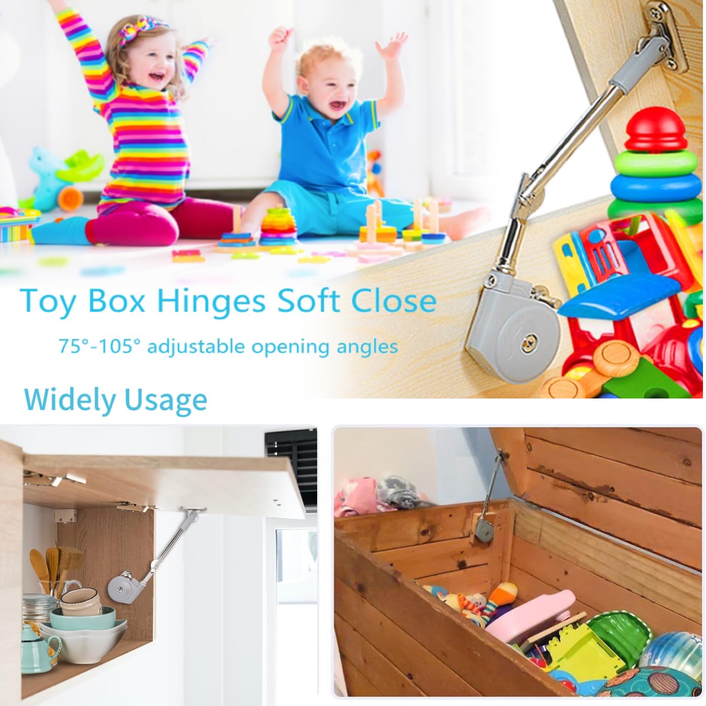 Toy Box Hinges Soft Close - Lid Support Chest Hinges for Wooden Chest Toy Box and Upward Top-Opening Flap Lid, Soft Close Hinges105 Degree Open (15-25lb/2Pcs)