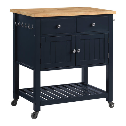 OSP Home Furnishings Stirling Farmhouse Kitchen Cart, Rolling Storage Cabinet with Drawers, Shelf, 5 Utility Hooks, Dark Blue with Natural Wood Top