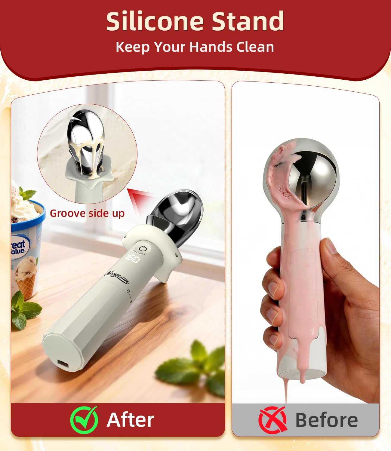 NISSYO.AM Heated Ice Cream Scoop Rechargeable, Electric Ice Cream Scooper with Removable Battery &Drip-Proof Stand, OneTouch 3 Fast Heating Levels for Hard Ice Cream, IP68 Waterproof,Best Gift for Mom