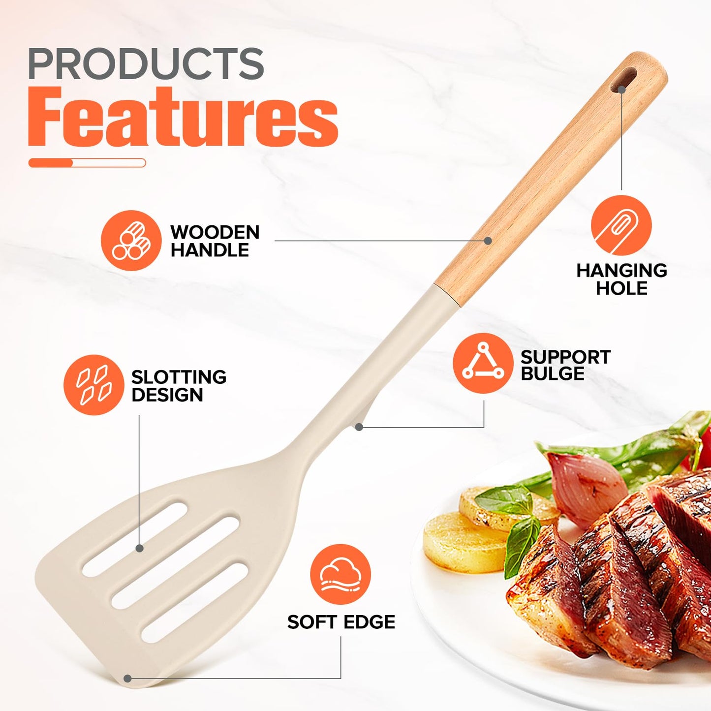Silicone Cooking Spatula, Heat Resistant Solid Turner, Slotted Spatulas with Wooden Handle,Ideal Wood Kitchen Utensils Set for Frying, Baking, Flipping, Turning,Pack of 2 (Khaki)