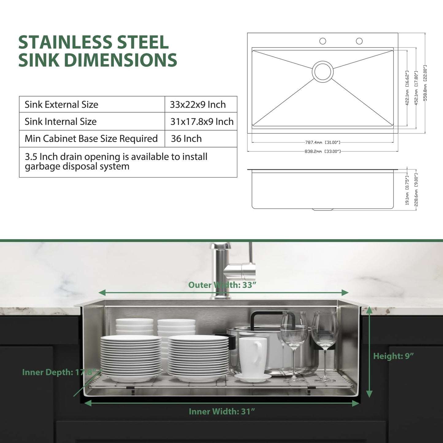 33x22 Drop In Kitchen Sink Workstation - Couoko 33 Inch 16 Gauge T304 Stainless Steel Drop In Sink Large Deep Handmade Single Bowl Kitchen Sinks with Accessories, 33"x22"x9"