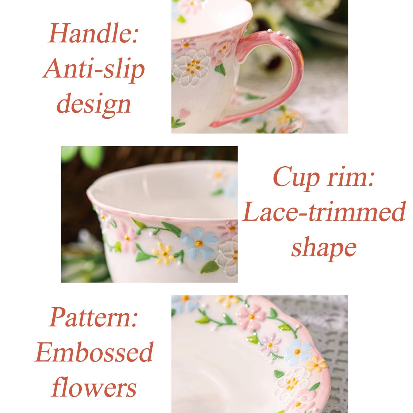 ZLUDIO Handmade Ceramic Cup and Saucer Set, 7 Oz Flower Bone China Cappuccino & Tea & Latte Coffee Cup For Women Tea Party & Christmas & Mother's Day(1 Set, Pink)