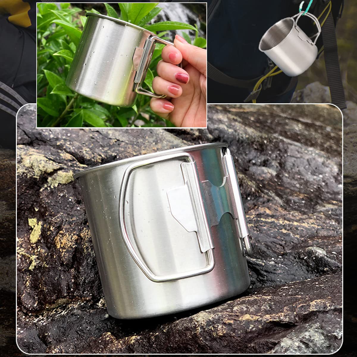 Compact Camping Mess Kit for 1 Person, Reusable Camping Dish Set, Polished 304 Stainless Steel Complete Camping Plates Cups and Bowls Set with Mesh Bag for Backpacking, Hiking