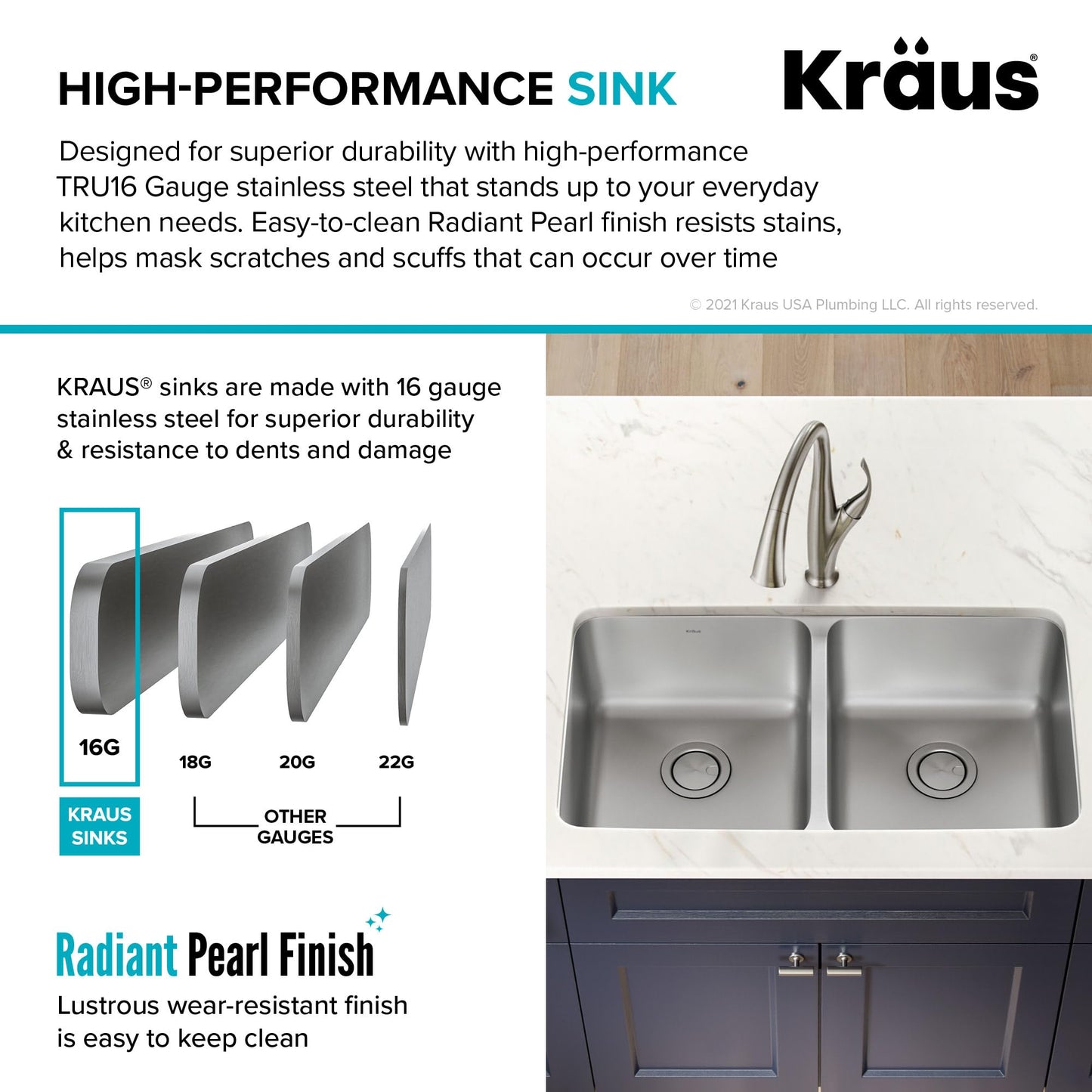 KRAUS Dex 33-inch Undermount 16 Gauge Stainless Steel Double Bowl Kitchen Sink, KA1UD33B