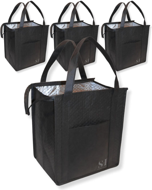 Serene Homes Black Insulated Grocery Bags, 4 Pack Reusable Shopping Bags with Zippered Top for Groceries & Food Delivery