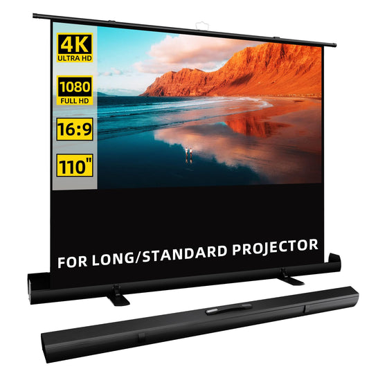 Xhlvor 110 inch 16:9 Portable Manual Pull Up Floor Rising Projector Screen Indoor Outdoor, Floor Standing HD White for Long Standard Projection, Fast Setup for Home Theater Movies,Classroom,Office