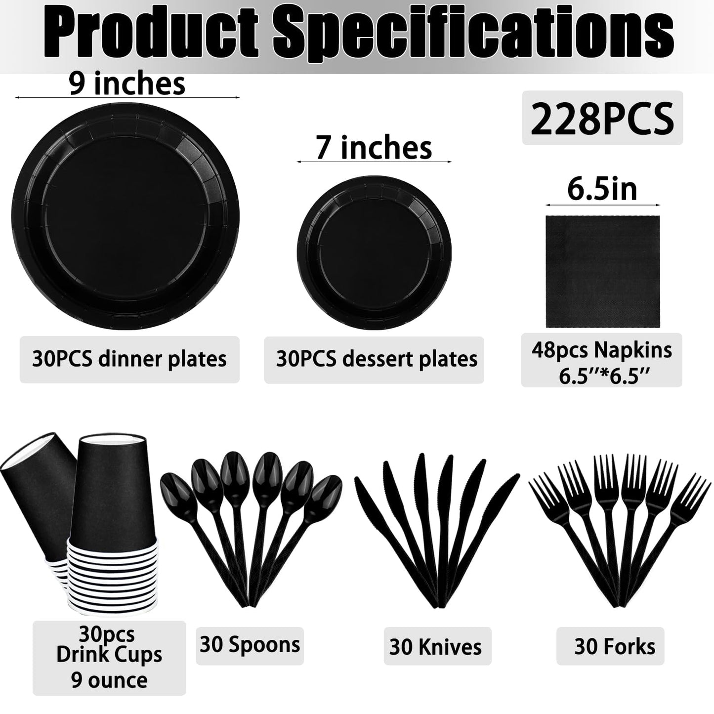 TWOWYHI 228PCS Black Party Supplies Set Include Paper Plates Cups Black Napkins Plastic Spoons Forks Knives for 30 Guests Disposable Party Dinnerware for Birthday Wedding Family Picnic