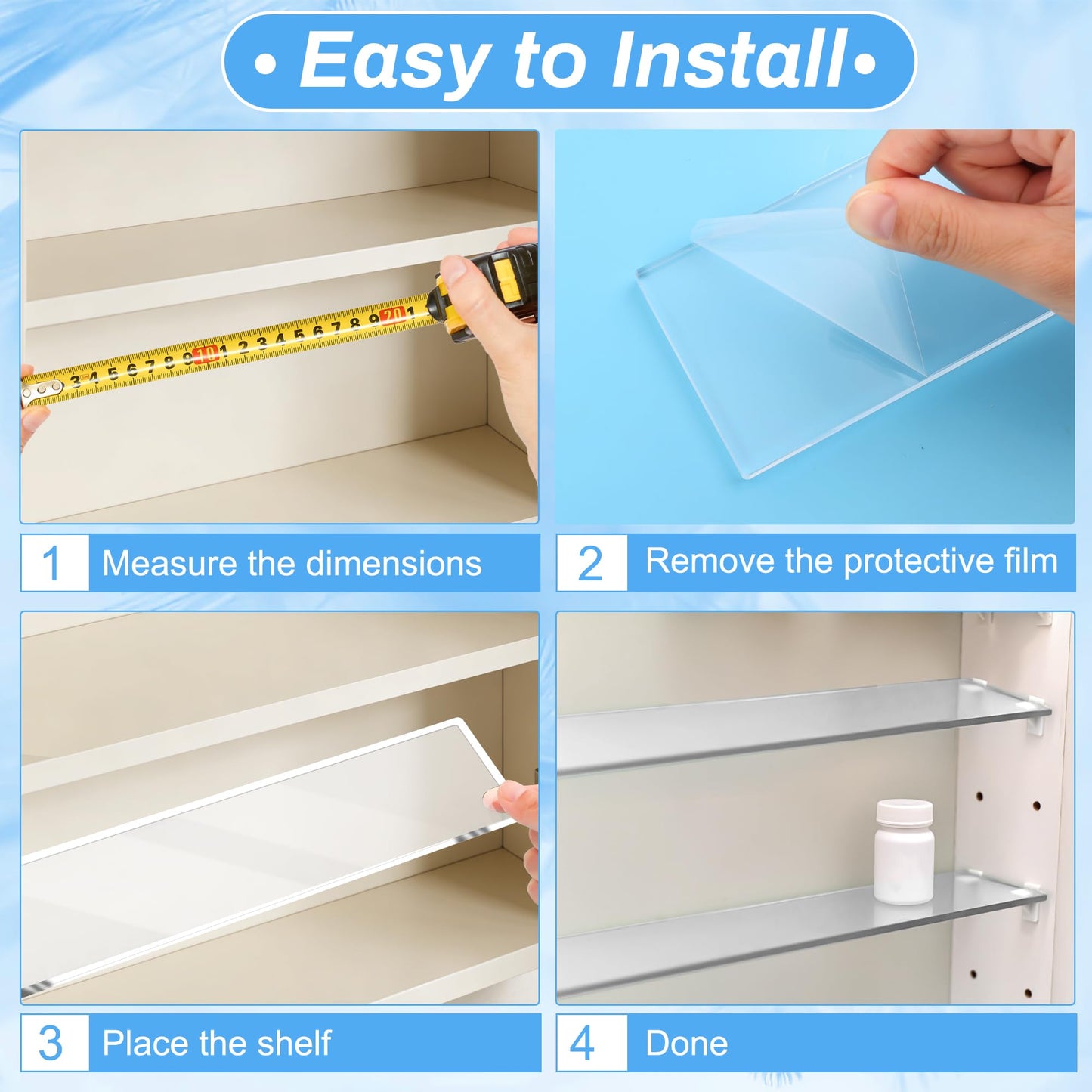 Anglecai 4 PCS 13 Inch Medicine Cabinet Shelf Replacement, Acrylic Clear Medicine Replacement Shelves for Bathroom/Living Room/Kitchen/Wall Mounted and Hanging Cabinets