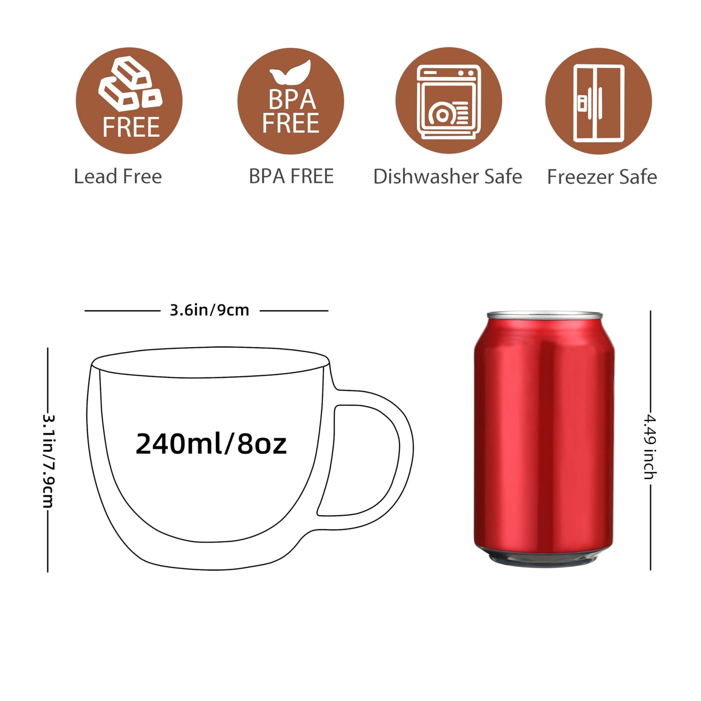 CNGLASS Double Wall Glass Cappuccino Mugs 8.1oz,Clear Insulated Glass Coffee Mug with Handle for Espresso,Latte,Tea,Set of 2