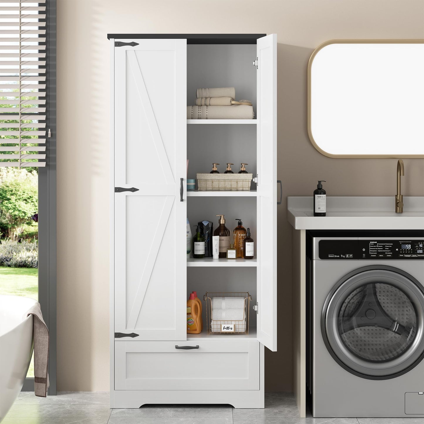 Shintenchi Kitchen Pantry Cabinet, Freestanding Farmhouse Storage Cabinet with 4 Shelves and 1 Drawer, Tall Cupboard for Kitchen, Living Room, Dining Room and Bathroom, White