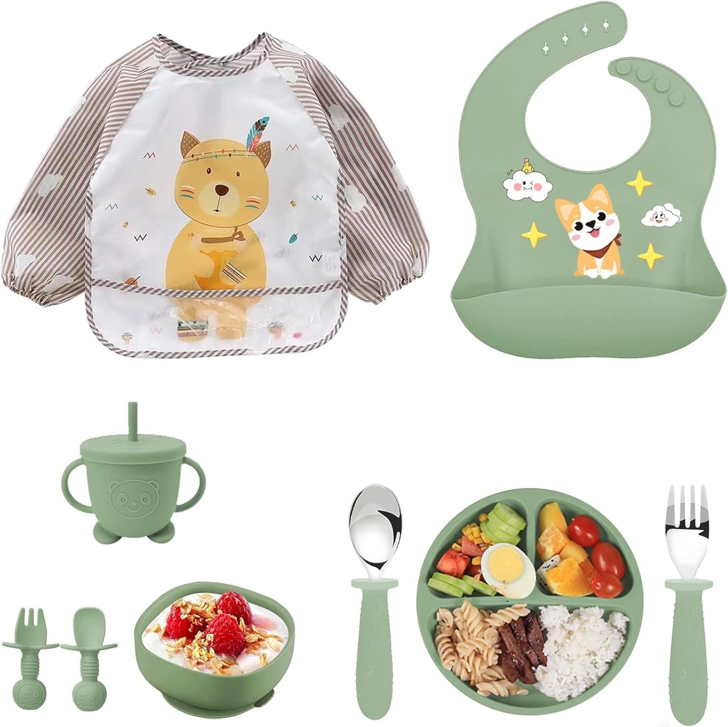 9PCS Silicone Feeding Set for Baby Led Weaning - Non Toxic Food Grade Suction Plates & Bowls, Soft Silicone Bibs with Pocket, Self Feeding Spoons & Utensils for 6-36 Months Infants Toddlers, Dishwashe
