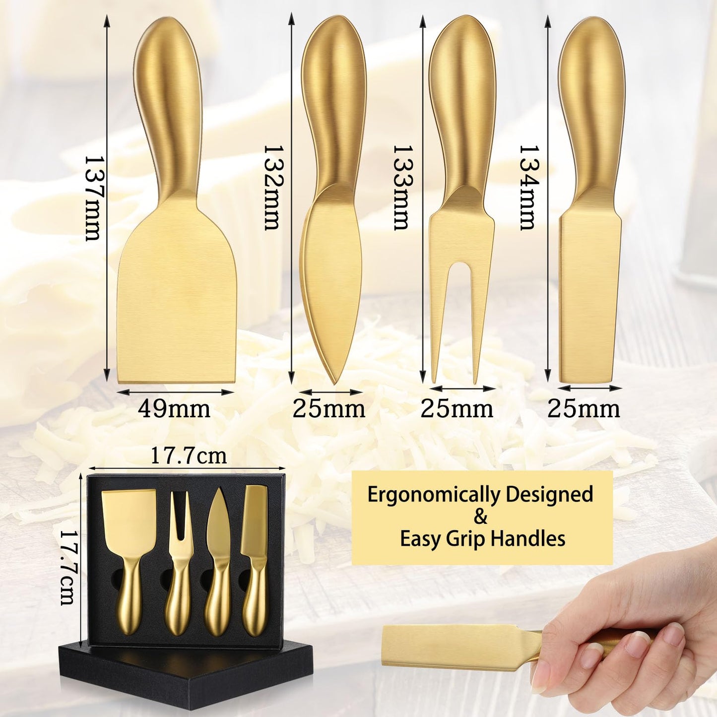 Funnymoom 4 Pcs Gold Cheese Knives Set Stainless Steel Cheese Tools with Cheese Slicer and Cheese Cutters for Kitchen Cheese Board Knife Set for Kitchen Charcuterie Board Accessories Housewarming Gift