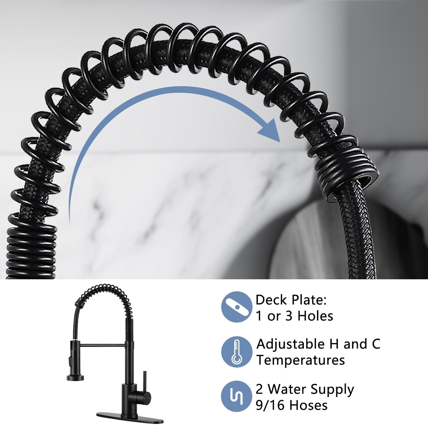 DJS Kitchen Faucets with Pull Down Sprayer Single Handle 1 or 3 Holes Spring Kitchen Sink Faucet with Deck Plate for Farmhouse RV Vessel Basin (Matte Black)