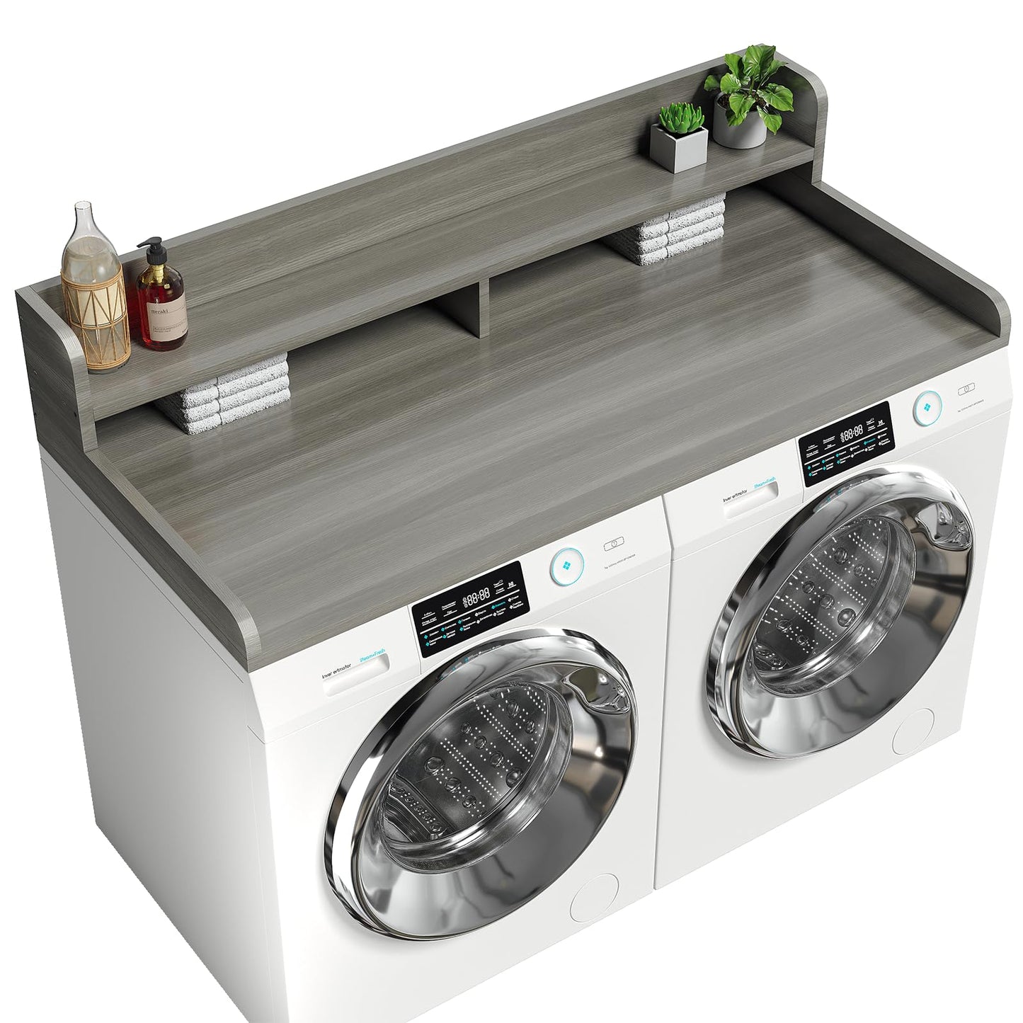 Corbyles 2-Tier Washer Dryer Countertop with 2.75" H Edge Rails, 58" W x 28" D Laundry Countertop for Folding Clothes, Washer and Dryer Topper with Non-Slip Pad (Stripe Gray)
