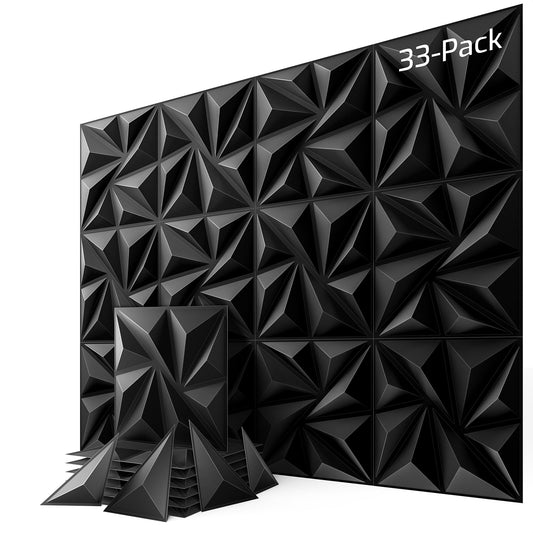 33-Pack 3D Wall Panels, 129" x 35" Textured Geometric Design Wall Tiles, PVC Decorative Wall Panels for Living Room, Bedroom, Bathroom, Office, Modern Wall Decor, Easy Install & Paintable- Black