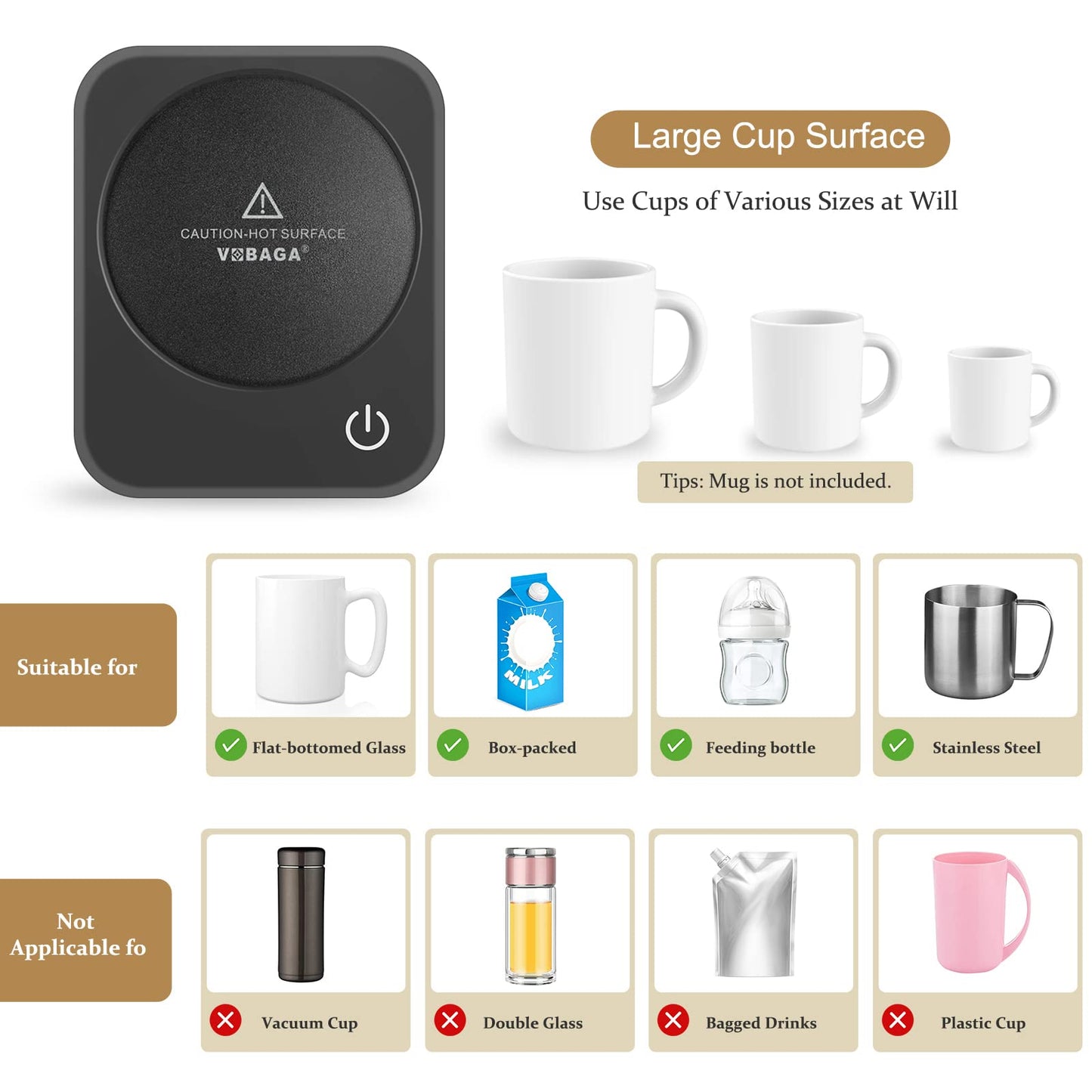 VOBAGA Coffee Mug Warmer for Desk with Auto Shut Off & 3-Temp Settings, Coffee Cup Warmer with Smart Safety Alert Home Office Accessory, Perfect for Coffee, Tea, Milk (Mug for Display)