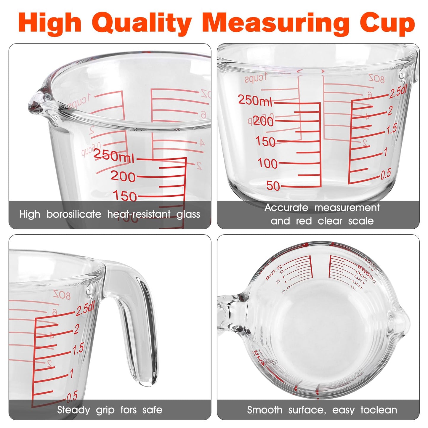 1 Cup Glass Measuring Cups,Clear Borosilicate Glass Liquid Measuring Cup for Kitchen & Baking Microwave Oven Dishwasher Safe Measuring Cups,8 oz/250ml Glass Measuring Cup