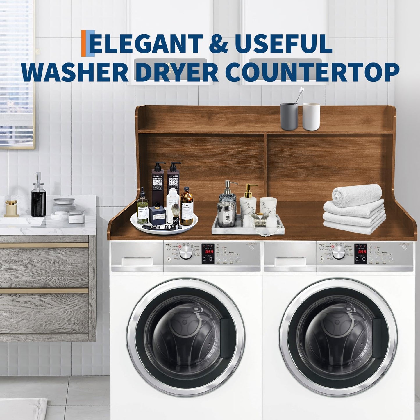 Washer Dryer Countertop with Shelves, 54" x 27.55" 2-Tier Wood Laundry Countertop with 2.75" Edge Rails and Non-Slip Pads, Washer and Dryer Topper for Laundry Room Organization, Walnut Brown