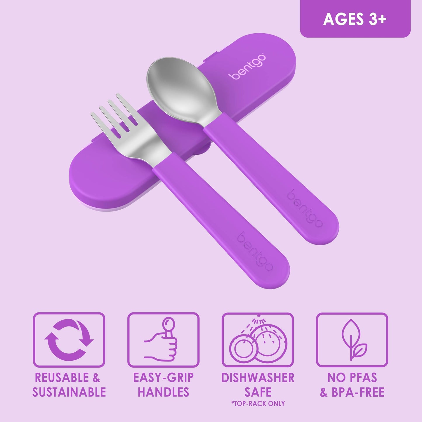 Bentgo Kids Stainless Steel Utensil Set - Reusable Fork, Spoon & Storage Case, PFAS- & BPA-Free, Easy-Grip Handles, Lightweight, Dishwasher Safe, School Lunch, Travel & Outdoors (Purple)