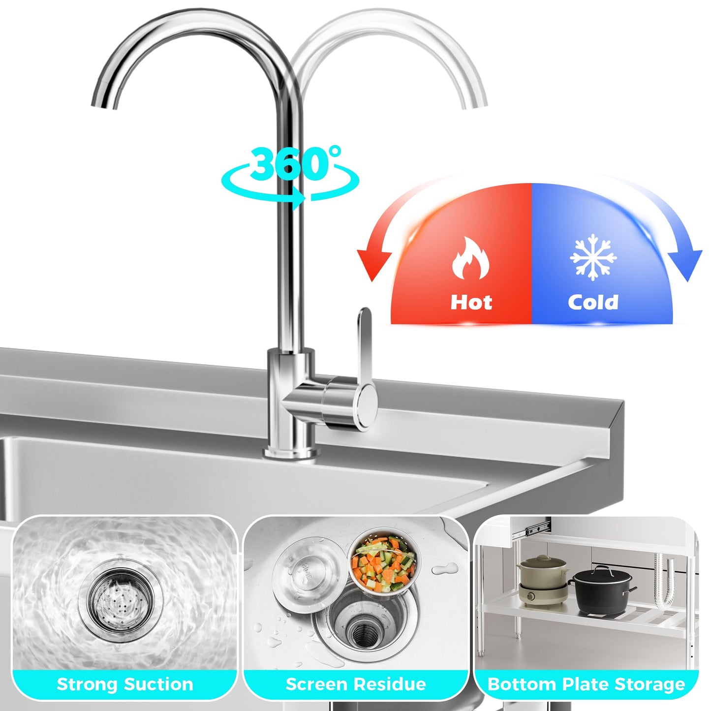 304 Stainless Steel Sink, Free-Standing Commercial Sink with Workbench, Drawer Storage & Hot/Cold Water Pipes for Laundry, Farmhouse & Outdoor Use