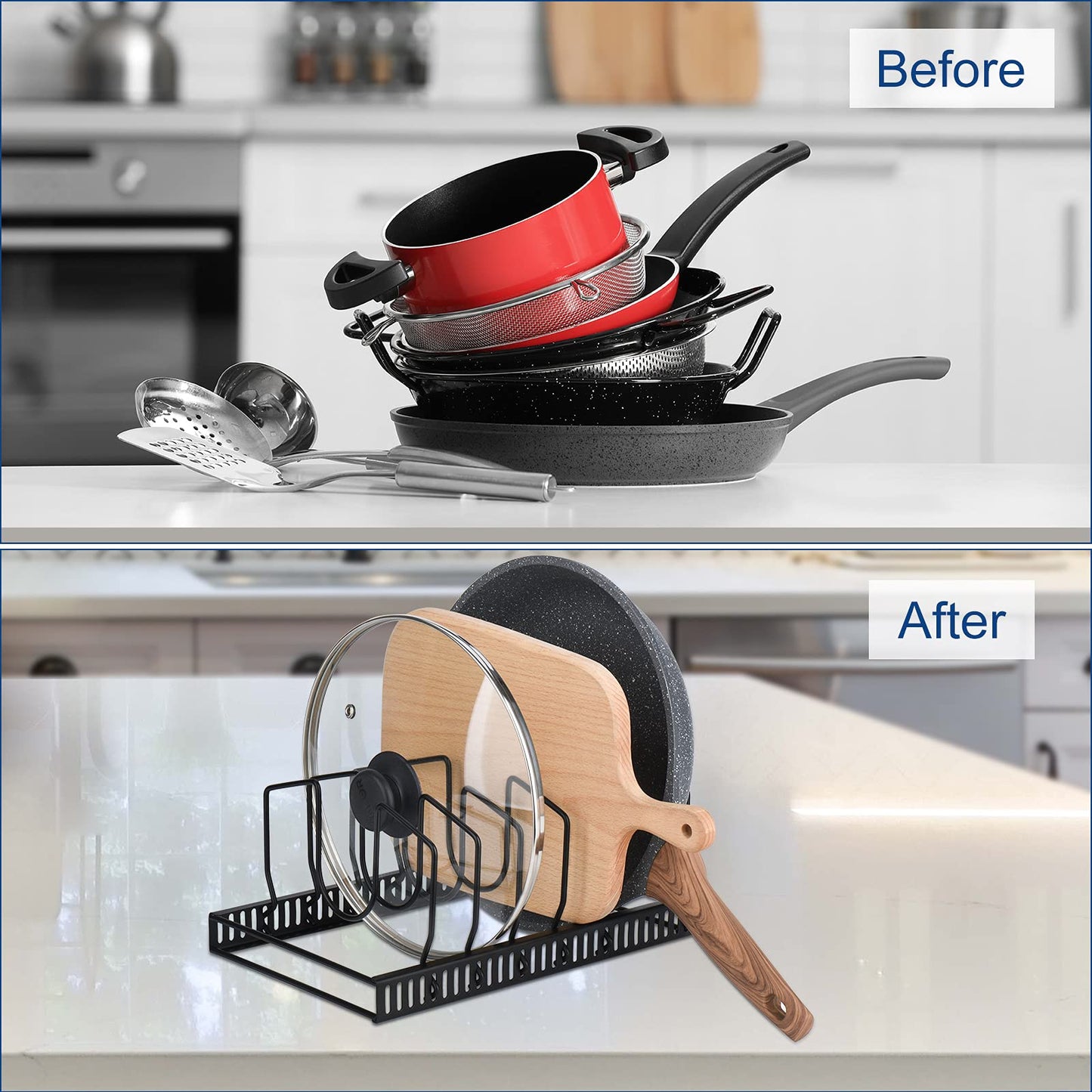Toplife Pot Lids Organizer Rack for Cabinet and Countertop, 7+ Pan Lids and Bakeware Organizer Rack Holder with 7 Adjustable Compartments - Black