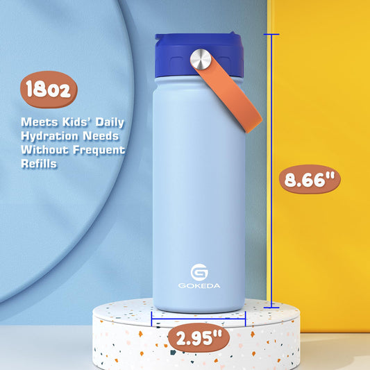 GoKEDA 18oz Kids Water Bottle, 2 Pack Insulated Bottles with Stickers, 18/8 Stainless Steel Vacuum Leak Proof Straw Cup for School, Gifts for Boys(Light Blue, Dark Blue)