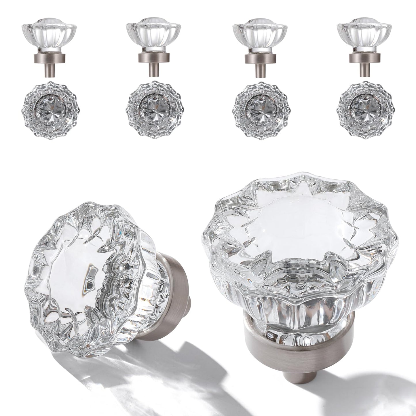 CEYMIO Crystal Cabinet Knobs 8 Pack Clear Glass Pulls for Kitchen Bedroom Bathroom Living Room Furniture, Brushed Nickel Base Old Style Cabinets Closet Dresser Drawers Cupboard Handles