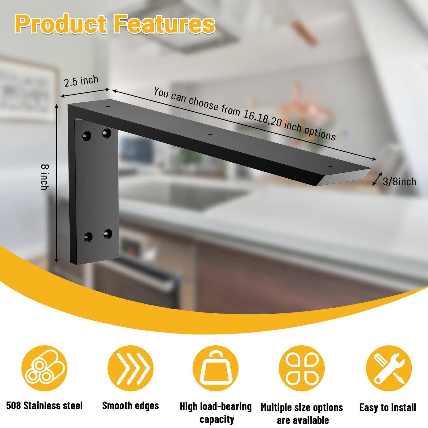 Countertop Support Bracket 18 inch 3 Pack (3/8" Thick),Premium Heavy Duty Granite Countertop Brackets 18"x8"x2.5",Shelf L Bracket Mantel Corbels for Quartz,Wood,Concrete and Laminate Countertops